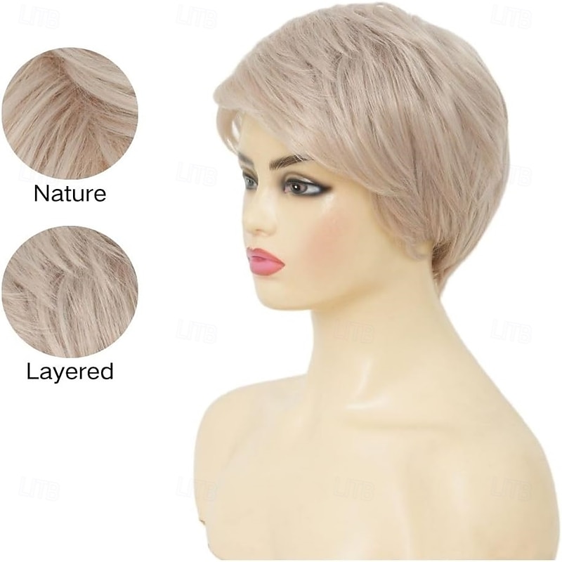 Womens Short White Blonde Pixie Cut Wig Straight Side Part Layered Hair Wig Shaggy Synthetic Fiber Old Lady Wigs for Daily Use4