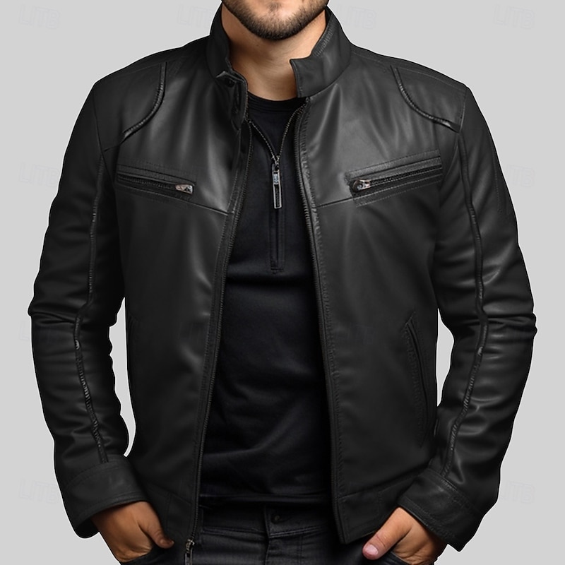 Men's Leather Jacket Transition Jacket Outdoor Windbreaker Pocket All Seasons Plain Streetwear Stand Collar Regular Faux Leather Black Brown Jacket