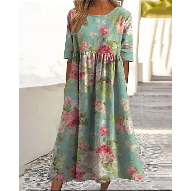 Women's Midi Dress Casual Dress Floral Dress Classic Modern Outdoor Vacation Holiday Regular Fit Flower Short Sleeve Crew Neck Navy Blue Blue Green Fall2
