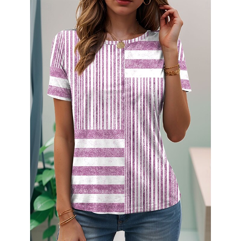 Women's T Shirt Graphic Striped Vintage Stylish Classic Short Sleeve Crew Neck Regular Tops Daily Weekend Print Pink Blue Purple Gray Summer Spring4
