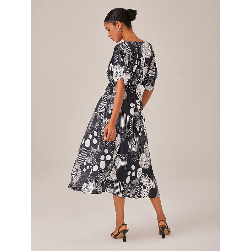 Women's Female Casual Dress Midi Dress Black-white Short Sleeves Geometric Print Summer V Neck Vacation XS S M2
