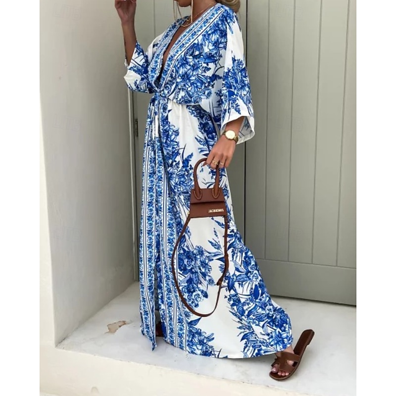 Women's Long Dress Maxi Dress Swing Dress Floral Dress Print Dress Fashion Modern Outdoor Vacation Holiday Regular Fit Flower 3/4 Length Sleeve V Neck Blue Green Beige Summer2