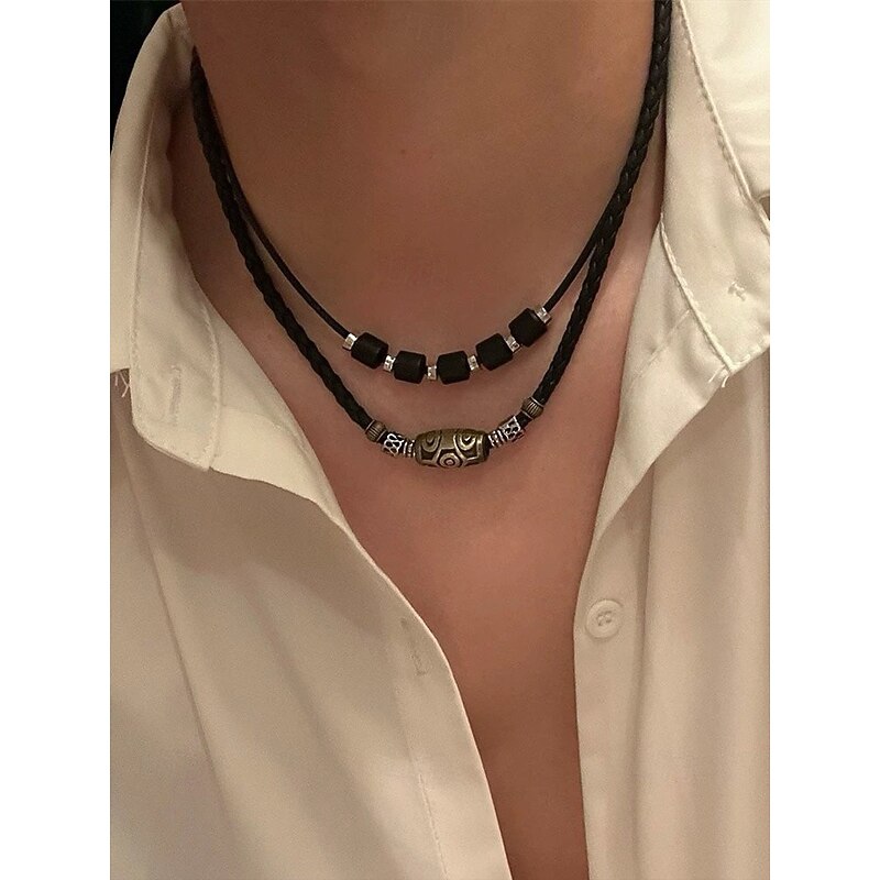 Men's Braided Leather Pendant Necklace Set – Boho Tribal Style with Alloy & Wooden Beads for Casual Wear, Festivals & Travel2