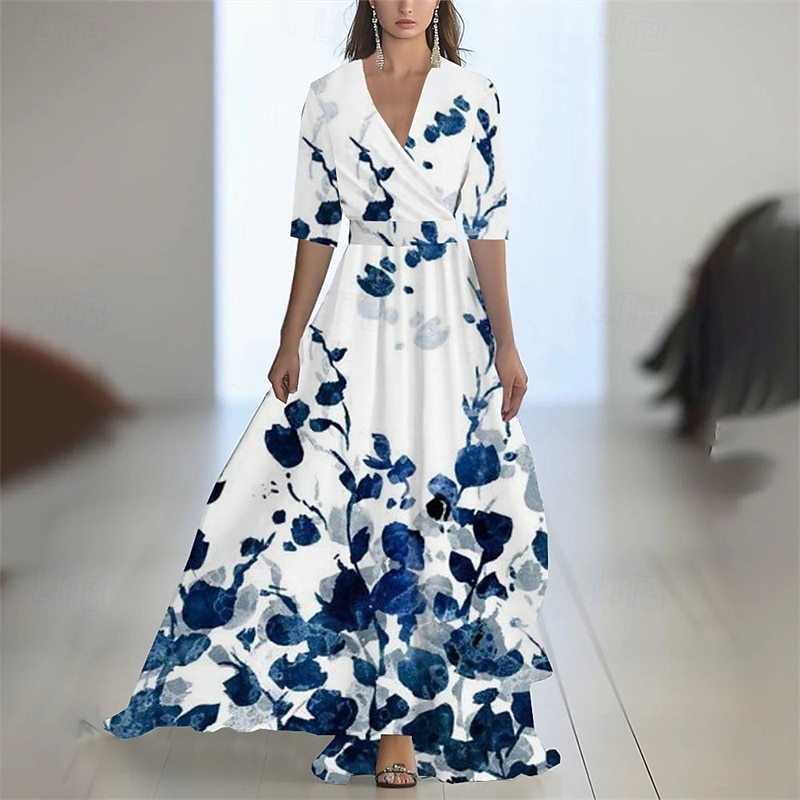 Women's Long Dress Maxi Dress Casual Dress Swing Dress Summer Dress Elegant Fashion Romantic Outdoor Party Holiday Regular Fit Flower Half Sleeve V Neck Blue Khaki Summer2