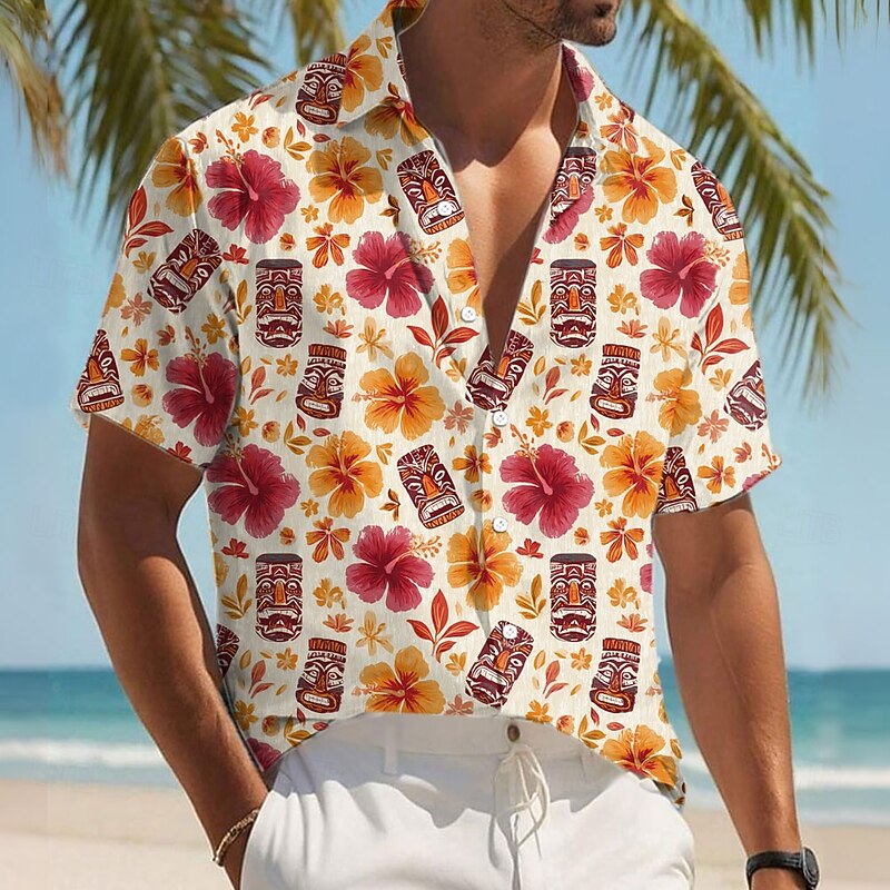 Men's Tropical Flowers Ethnic Tiki Shirt Summer Hawaiian Shirt Button Up Shirt Short Sleeve Hawaiian Resort Vacation Holiday Beach Wear Summer Spring Turndown 3D Print Collared Shirts Khaki Apricot