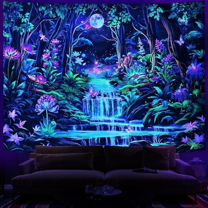 Blacklight Tapestry Glow in the Dark Glow Party UV Reactive Fantasy Forest Trippy Misty Nature Landscape Hanging Tapestry Wall Art Mural for Living Room Bedroom