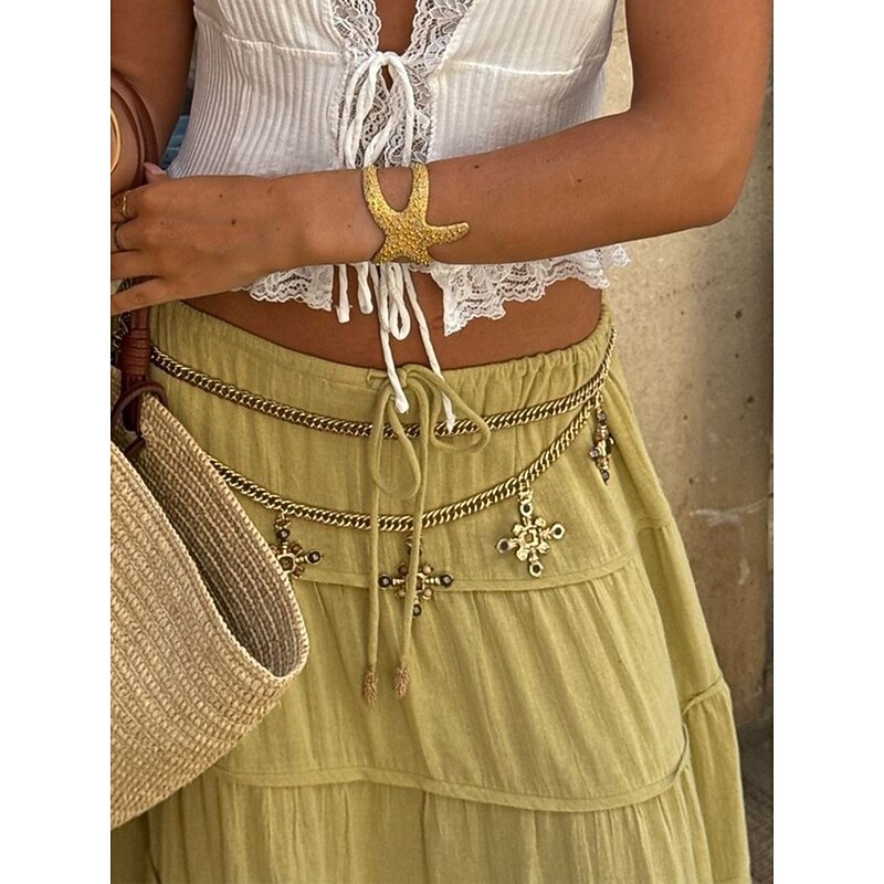 Women's Skirt A Line Solid Color Fashion Casual Maxi High Waist Skirts Plain Layered Micro-elastic Vacation Street Black White Orange Green Summer Polyester3