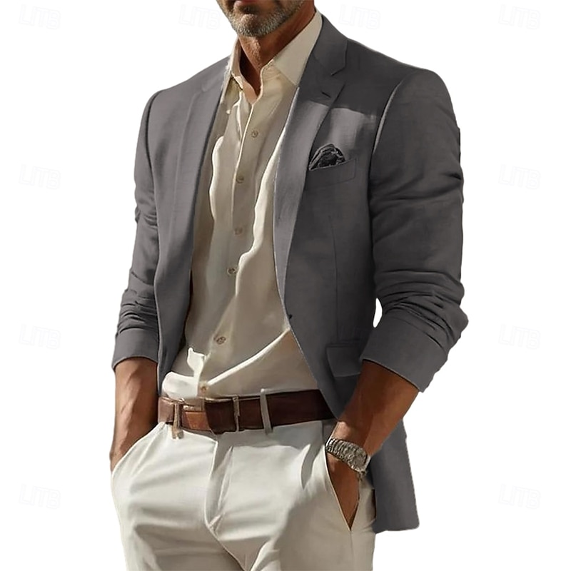 Men's Linen Blazer Sport Coat Notch Collar Fashion Casual Solid Colored Blazer Lake blue Sky Blue Dark Grey Standard Fit Single Breasted One-button2