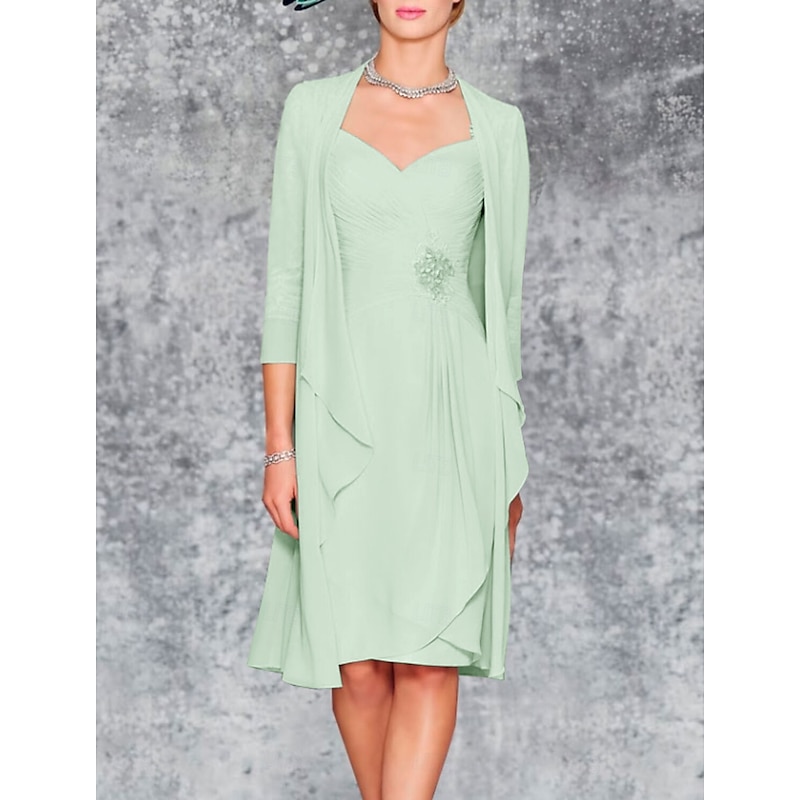Beach Wedding Two Piece Sheath Mother of the Bride Dress Wedding Guest Elegant Plus Size Sweetheart Knee Length Chiffon Lace 3/4 Length Sleeve Wrap Included Jacket Dresses with Pleats Embroidery4