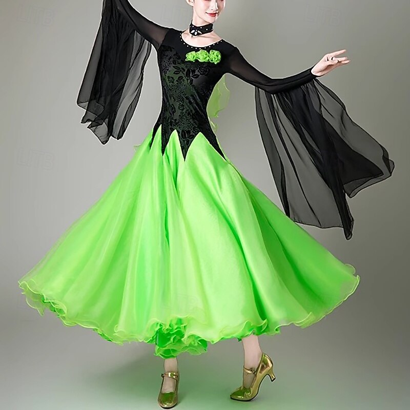 Ballroom Dance Dress Printing Splicing Crystals / Rhinestones Women's Performance Training Long Sleeve Mesh Spandex Tulle3