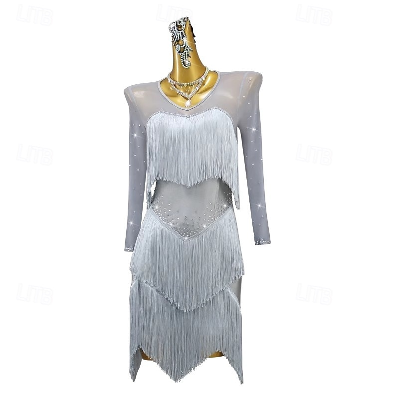 Latin Salsa Dance Dress Crystal / Rhinestone Tassel Splicing Women's Performance Party Long Sleeve Spandex4