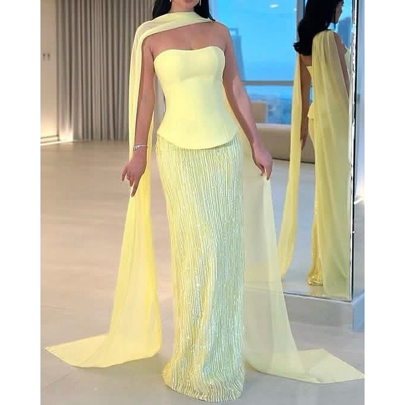 Dress Mermaid / Trumpet High Fashion Dress Evening Gown Corset Dress Formal Semi Formal Dress Wedding Floor Length Sleeveless Strapless Chiffon Scarf with Sequin Skirt