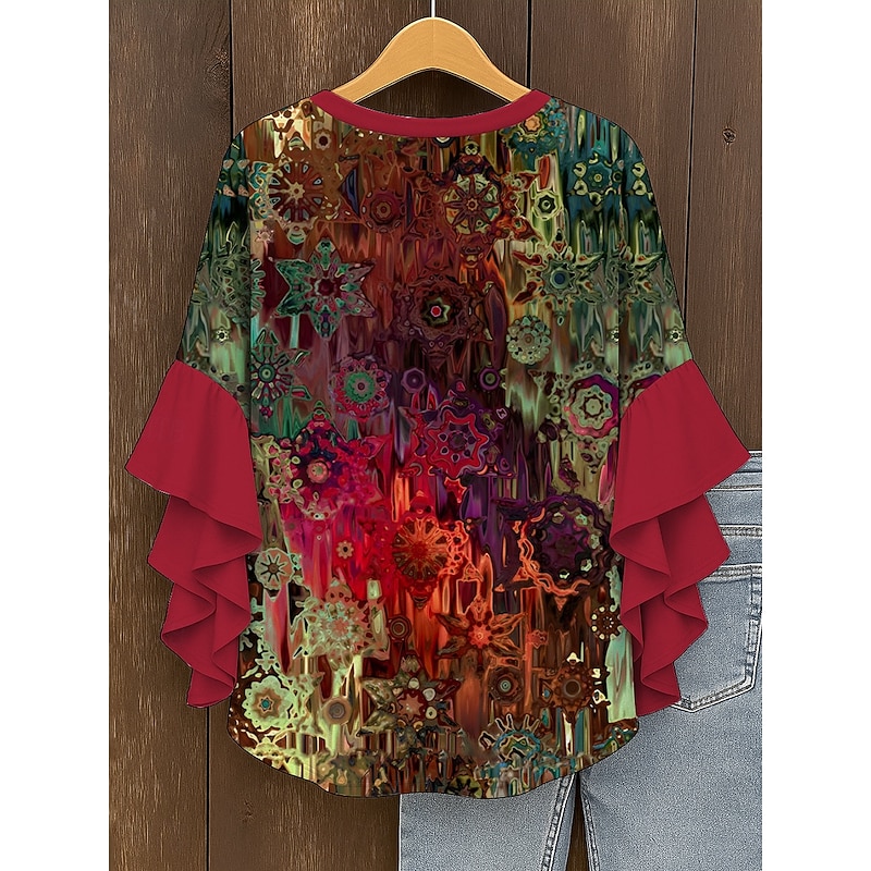 Women's Retro Blouse Layered Ruffle Sleeve Tops Vintage Graphic Abstract Bohemia Vintage Daily 3/4 Length Sleeve Regular Tops Daily Holiday Vacation Wear Print Red Blue Purple Green Summer2