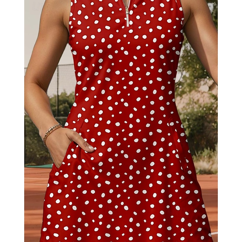 Women's Dot Tennis Dress Sports Dress Sleeveless Print Breathable Tennis Golf Badminton Polo Collar Zip Collar Dress Red Tennis Clothing3