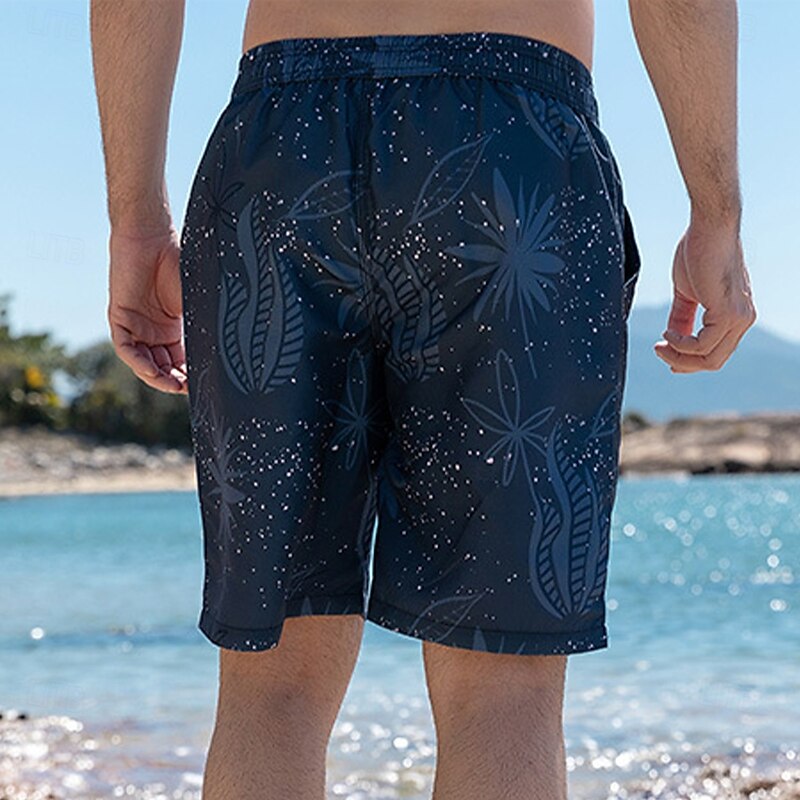 Men's Shorts Beach Shorts Drawstring Graphic Leaf Tree Quick Dry Outdoor Knee Length Outdoor Vacation Home Vacation Ethnic Style Navy Blue Stretchy2