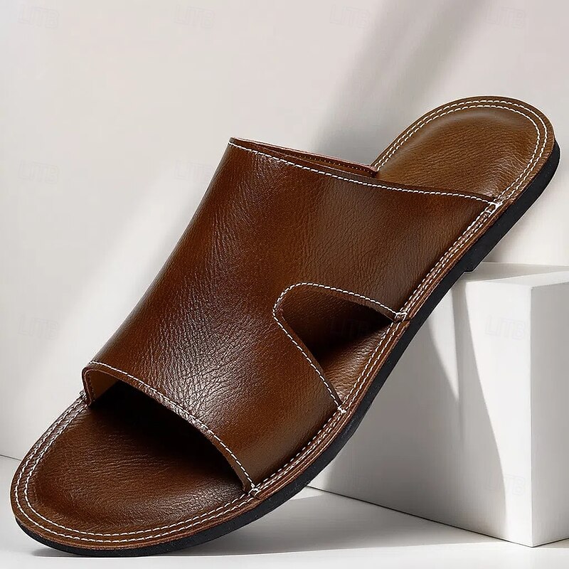 Men's Brown Faux Leather Slide Sandals with Wide Strap Soft Footbed Easy Slip-On Design for Adults Ideal for Indoor Relaxation Summer Lounge Home Comfort Wear