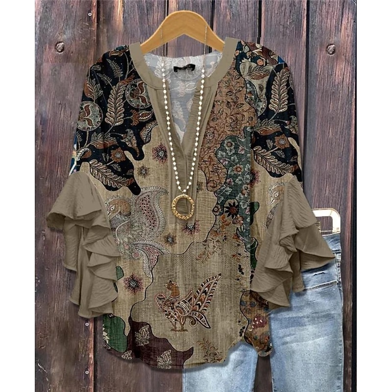 Women's Blouse V Neck Layered Ruffle Sleeve Tops Floral Graphic Bohemia Vintage Daily 3/4 Length Sleeve Regular Tops Daily Holiday Vacation Wear Print Pink Red Blue Sky Blue Orange Summer Spring Fall2