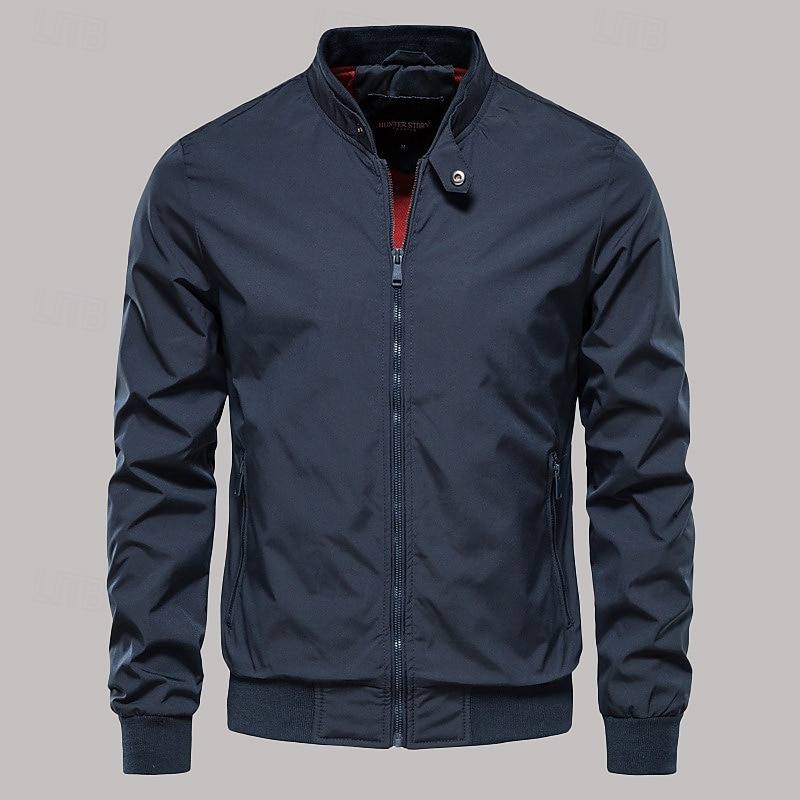 Men's Bomber Jacket Transition Jacket Going out Lightweight Outdoor Zipper Pocket Spring Fall Solid Color Zipper Front Standing Collar Black Dark Navy Green Jacket