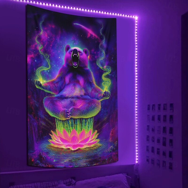 Blacklight Tapestry Glow in the Dark Glow Party UV Reactive Meditation Bear Animal Trippy Misty Hanging Tapestry Wall Art Mural for Living Room Bedroom4