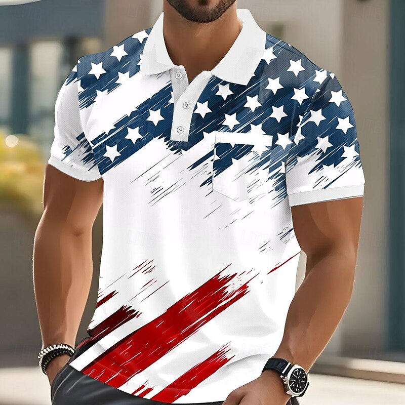 Independence Day Male American US Flag Polo Short Sleeve Turndown Casual Daily Sports & Outdoor Casual Buttons Pocket Summer Robin's Egg Blue White