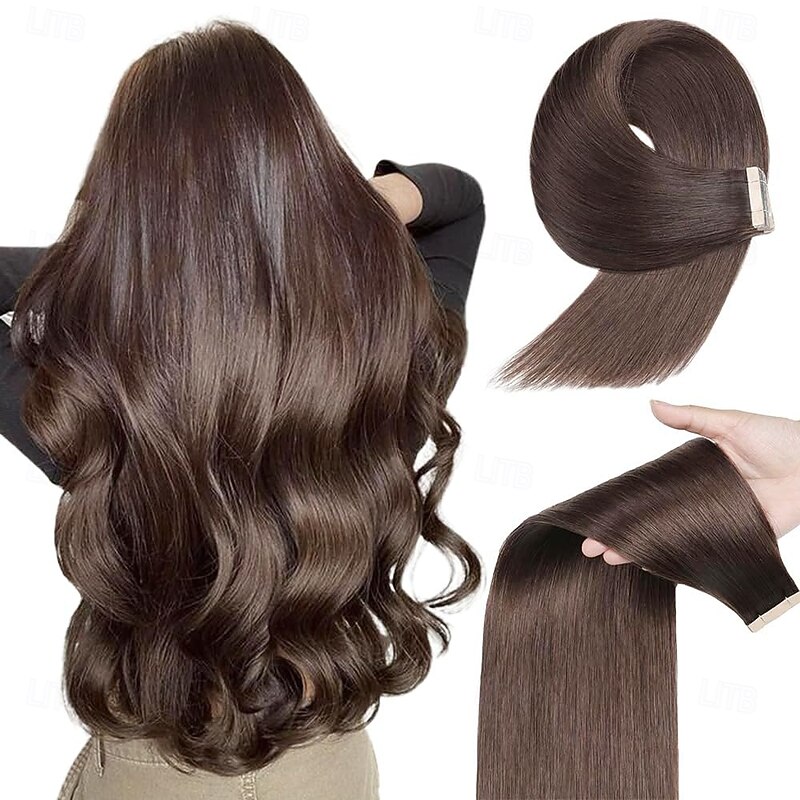 2# Dark Brown Remy Human Hair Tape In Extensions Seamless Straight Hair 18Inch 50G 20Pcs