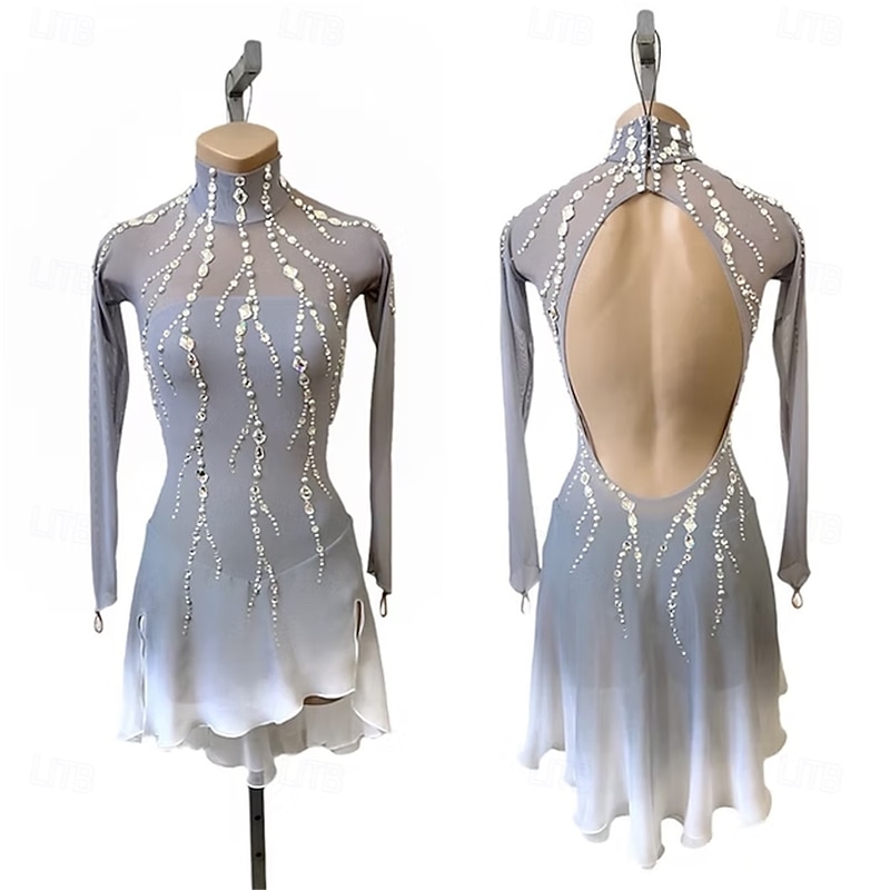 Figure Skating Dress Women's Girls' Ice Skating Dress Green Grey Open Back Halo Dyeing Mesh High Elasticity Training Competition Skating Wear Classic Crystal / Rhinestone Long Sleeve Ice Skating