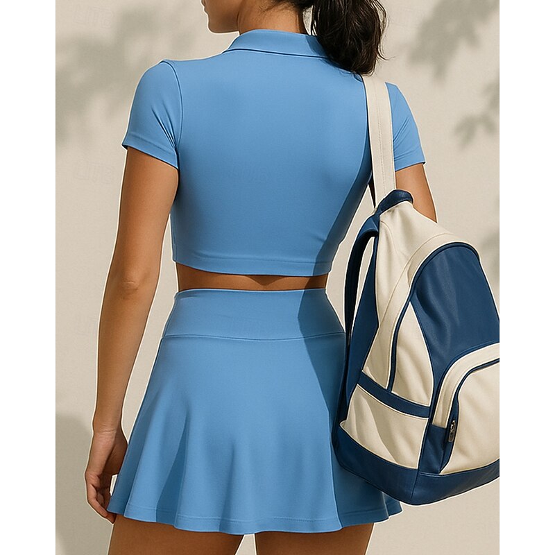 Women's Solid Colored Sports Set Tennis Set Tennis Skirts with Shorts Tennis Top Short Sleeve Split UPF50+ Breathable Tennis Pickleball Polo Collar Dark Navy Blue Khaki Spandex Tennis Clothing2