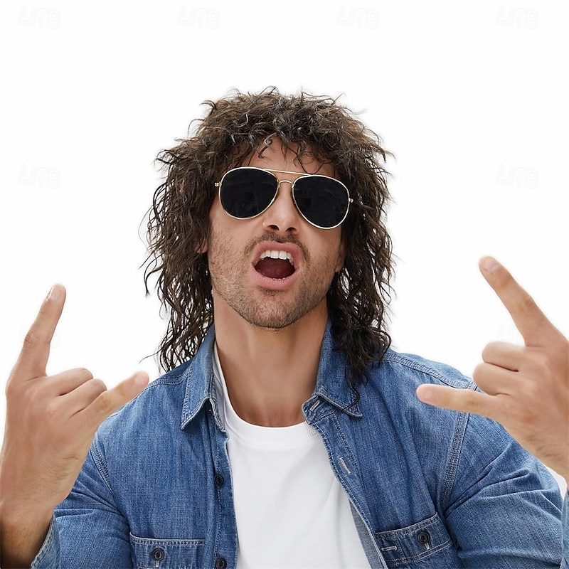 Mullet 70s 80s Wig with Bangs Dark Brown Long Disco Hair Curly Men Wigs for Mens Man Male Hippie Rocking 80s Them Party Cosplay Costume Anime Heat Resistant Synthetic Hair 70's Wig Halloween Wigs2