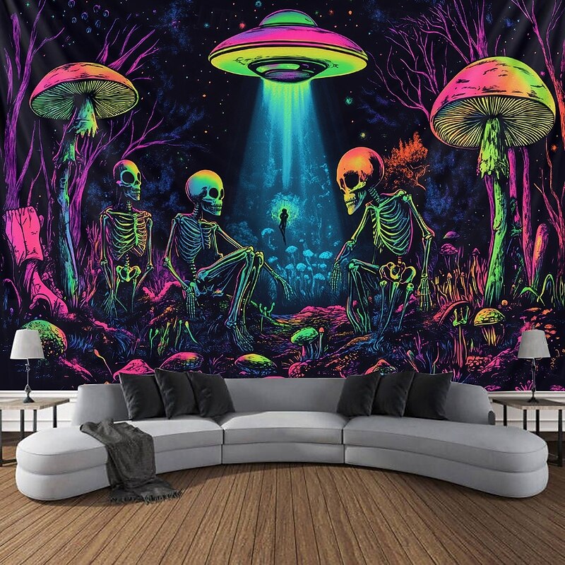 Halloween Blacklight Tapestry Glow in the Dark Glow Party UV Reactive Skull Aliens Trippy Forest Misty Nature Landscape Hanging Tapestry Wall Art Mural for Living Room Bedroom2