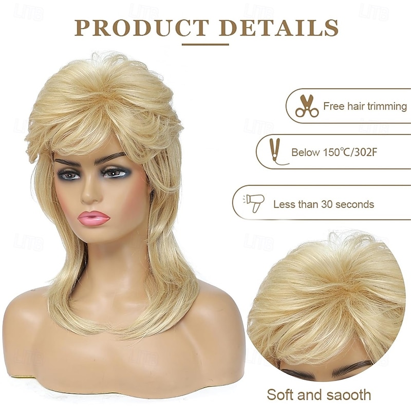 Mullet Wigs for Women Curly Synthetic Heat Resistant Shoulder Length Hair 80s Rocker Cosplay Wigs (Blonde Mixed Black) Halloween Wigs3