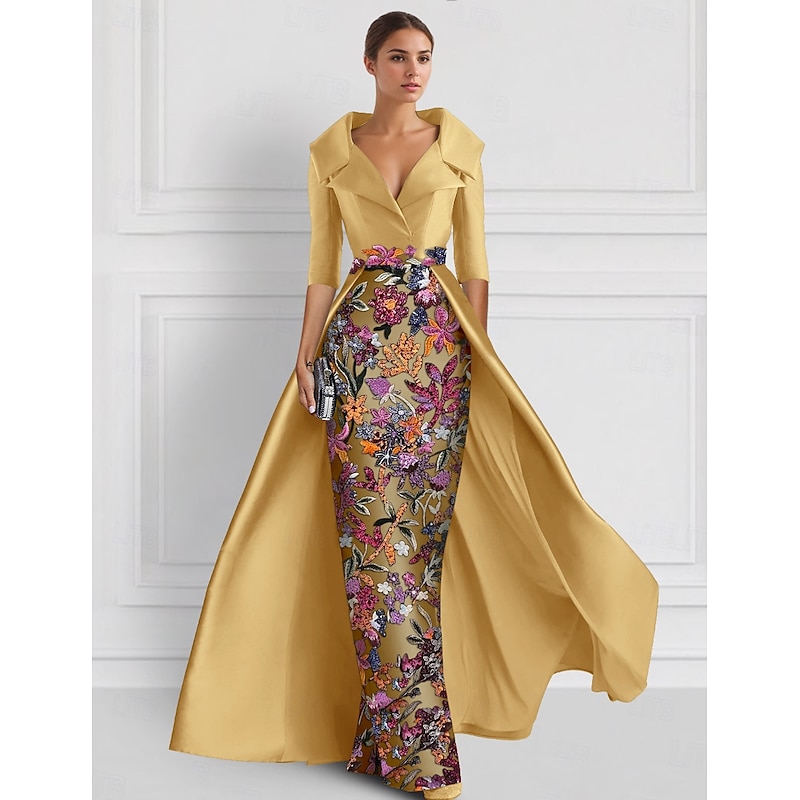 Embroidered Ball Gown A-Line Evening Gown Elegant Dress Formal Wedding Floor Length Half Sleeve Shirt Collar Satin with Slit Appliques 15