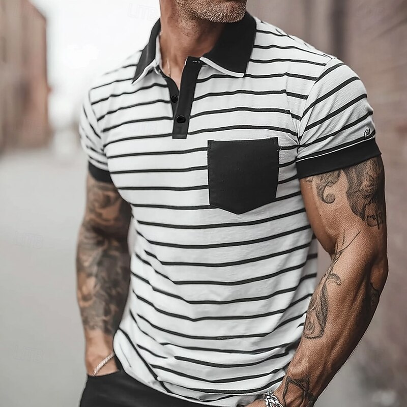 Men's Horizontal Stripes Polo Short Sleeve Turndown Casual Daily Athleisure Casual Daily Buttons Pocket Summer Robin's Egg Blue White