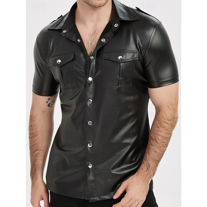 Men's Faux Leather Shirt Shiny Short Sleeve Clubwear for Pride Parade, Festival, Drag, Leather Party & Nightclub Fashion3