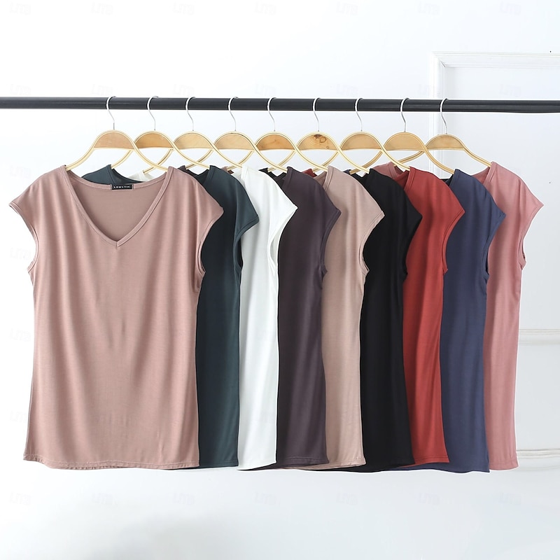 Women's Blouse Solid Color Stylish Casual Short Sleeve V Neck Regular Tops Daily Black White Pink Red Royal Blue Summer Spring