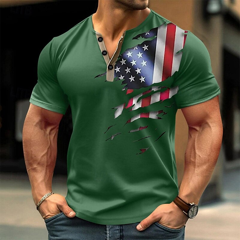Men's Flag T Shirt Henley Shirt Short Sleeve Designer Retro Vintage Casual Street Casual Daily Summer Spring Green Henley Henley T-Shirt