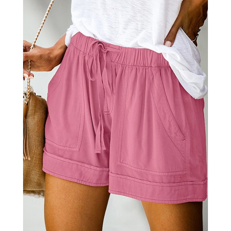 Women's Linen-Inspired Pants Shorts Slacks Fashion Streetwear Short Natural Plain Pocket Elastic Drawstring Design Comfy Outdoor Outdoor Street claret Azure Depression Green Navy Summer Regular Fit4