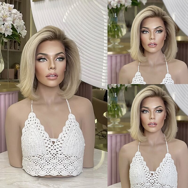 Brazilian Remy Human Hair 5x5 Closure Wigs 13x4 Lace Front Wig Short Bob Human Hair Straight Wigs Ombre Ash Blonde Colored Glueless  Wigs Pre-Plucked For Women