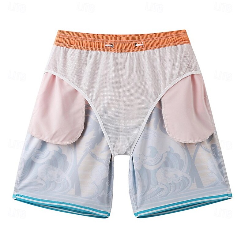 Men's Shorts Beach Shorts Drawstring Pocket Elastic Waist Graphic Leaf Tree Quick Dry Outdoor Knee Length Outdoor Vacation Home Vacation Ethnic Style Lake blue Dark Blue / Red Micro-elastic3