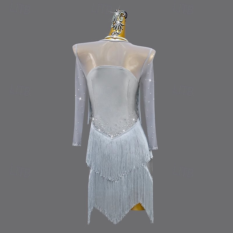 Latin Salsa Dance Dress Crystal / Rhinestone Tassel Splicing Women's Performance Party Long Sleeve Spandex2