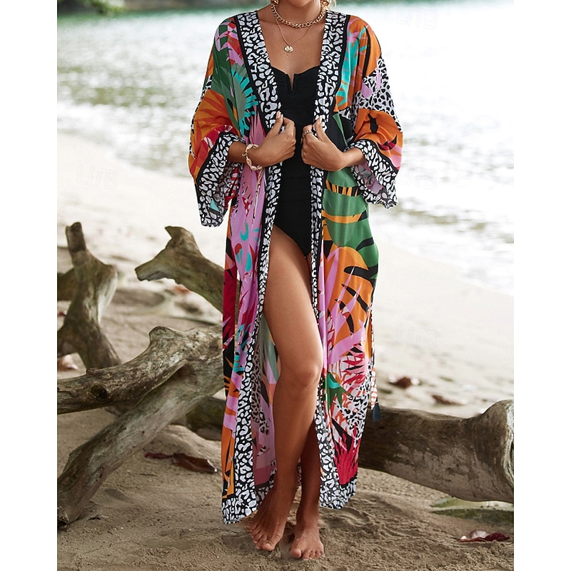 Women's Swimwear Cover Up Swimsuit Tie Front Tropical Beach Wear Flower V Neck Long Sleeve Bathing Suits3