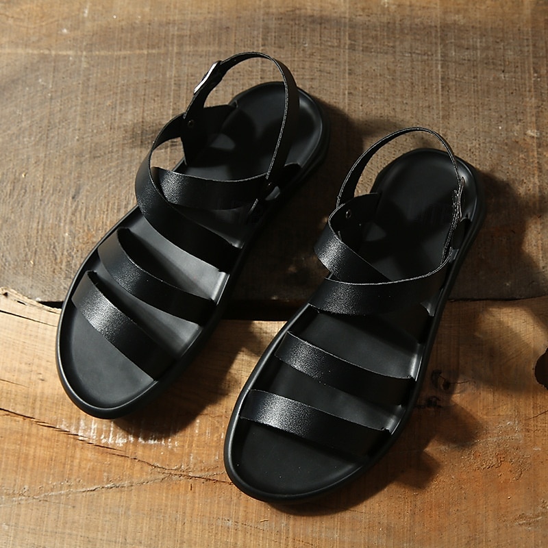 Men's Black Minimalist Faux Leather Sandals - Stylish Cross Strap Design with Buckle Closure for Summer Casual Wear3
