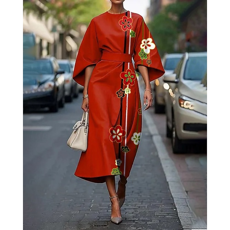 Women's Midi Dress Floral Dress Print Dress Elegant Fashion Outdoor Vacation Holiday Regular Fit Flower Half Sleeve Crew Neck Yellow Wine Red Summer