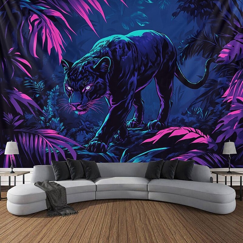 Blacklight Tapestry Glow in the Dark Glow Party UV Reactive Forest Animal Leopard Trippy Misty Nature Landscape Hanging Tapestry Wall Art Mural for Living Room Bedroom