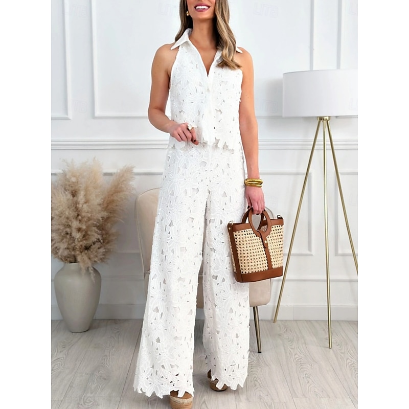 Women's 2 Pieces Fashion Streetwear Daily Camis Pants Sets Sleeveless Shirt Collar Solid Color Patchwork Casual Daily White Yellow Blue Summer Regular Fit