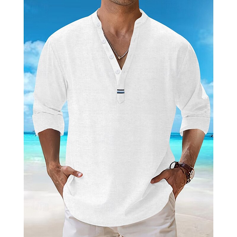 Men's Shirt Popover Shirt Summer Shirt Casual Shirt Beach Shirt Black White Pink Navy Blue Sky Blue Long Sleeve Plain Lapel Vacation Hawaiian Clothing Apparel Cotton Blend Fashion Casual Comfortable