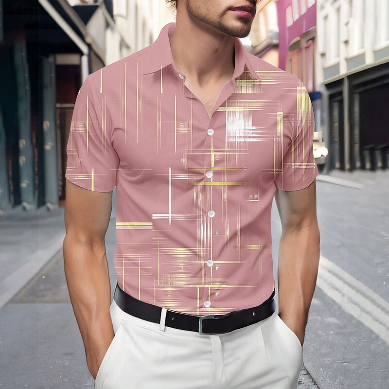Men's Geometric Gradient Line Shirt Summer Shirt Button Up Shirt Short Sleeve Fashion Casual Outdoor Vacation Dailywear Summer Spring Turndown 3D Print Collared Shirts Black Pink Blue Dark Blue Gray2
