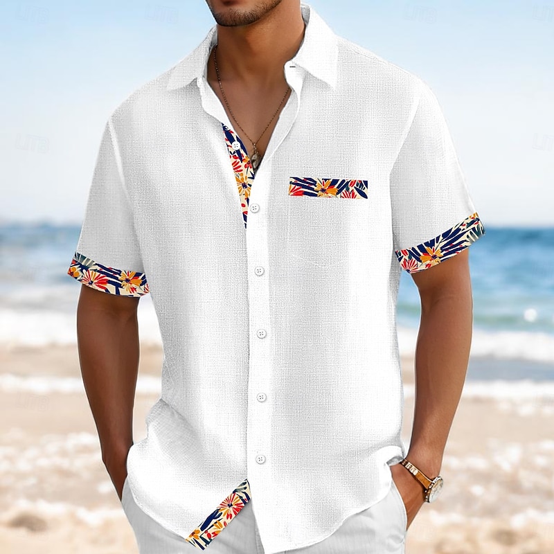 Men's Shirt Linen Shirt Summer Shirt Beach Wear Button Up Shirt Solid Color Vacation Curise White Navy Blue Orange Khaki Short Sleeve Collar Summer Spring & Summer Clothing Apparel Color Block4
