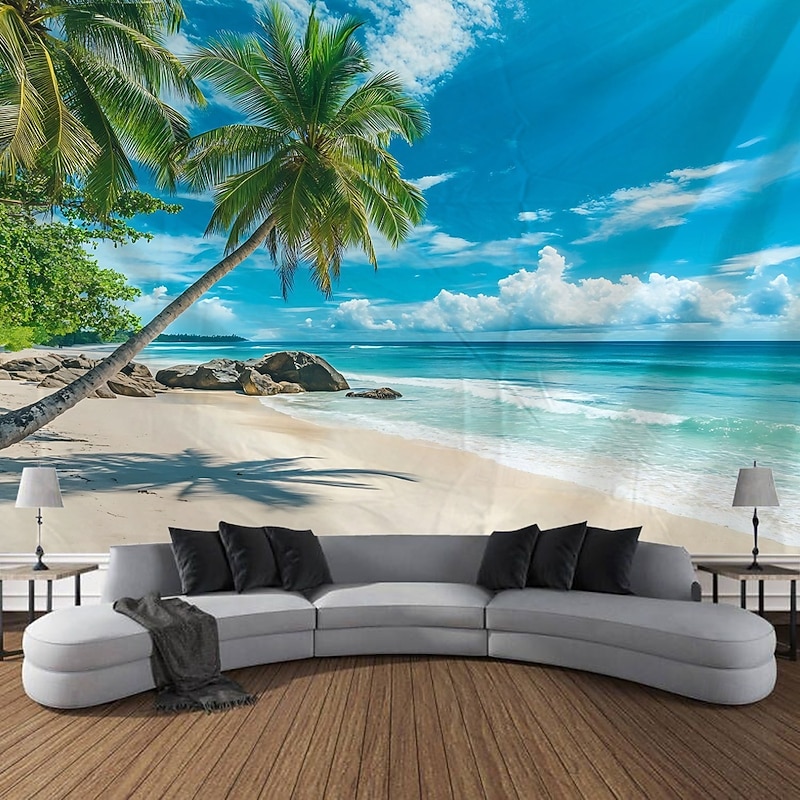 Beach Ocean Coconut Trees Sea View Sunrise Scenery Tapestry Decorative Art Carpet Curtain Hanging Home Bedroom Living Room Decoration3