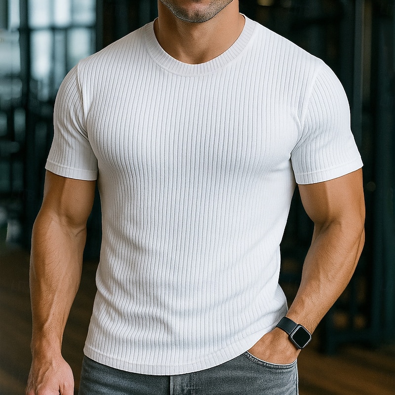 Men's T Shirt Muscle Shirt Ribbed Knit tee Tee Top Short Sleeves Crew Neck Summer All Seasons Plain Pit Strip Fashion Designer Basic Plain Vacation Street Casual White Black Gray Top Tee for Men