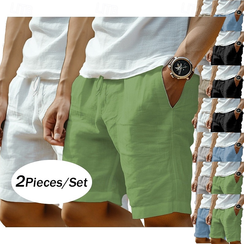 2 Pack Men's Shorts Linen Shorts Summer Shorts Beach Shorts Pocket Drawstring Elastic Waist Solid Color Plain Comfort Breathable Knee Length Casual Daily Holiday Vacation Fashion Green+Gray Black+Grey